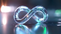 Glowing infinity symbol with digital data stream effect on dark background with colorful light reflections and bokeh elements creates futuristic technological concept.