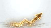 Upward trending arrow made of golden particles and sparkles on white background, symbolizing growth, success, and financial progress for business presentations.