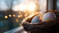 Decorated Easter eggs in woven basket on window sill at sunset with soft bokeh lights creating magical spring holiday atmosphere.
