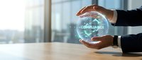 Businesswoman holding glowing compliance sphere with digital network interface in modern office environment for regulatory standards and business governance concepts.