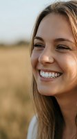 Young blonde woman smiling outdoors in golden sunlight with natural makeup and healthy white teeth showing genuine happiness and positive emotions.