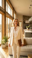 Mature blonde woman in cream business suit holding leather folder standing in modern living room with large wooden-framed windows, potted plant, and contemporary furniture for corporate, professional, and lifestyle use.