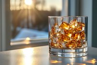 Glass of whiskey with ice cubes on table near window at sunset, golden hour lighting creates warm amber glow through crystal tumbler, luxury spirits concept.