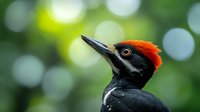 Striking close-up portrait of pileated woodpecker with distinctive red crest against blurred green bokeh background, showing detailed black feathers and sharp beak.