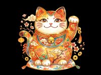 Colorful lucky cat with raised paw, gold coins, lantern, and cherry blossoms, isolated on transparent background, ready for stickers, t-shirt design, and print on demand.