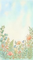 Soft watercolor floral border with pastel wildflowers, ferns, and leaves on a light blue-green background, perfect for cards and wallpapers.
