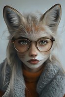 Artistic portrait combining human and fox features with glasses and fur details, creating mysterious fantasy character in soft lighting and muted tones.