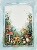 Watercolor forest frame with mushrooms, ferns and botanical elements creating decorative border for invitations, cards and nature-themed designs.