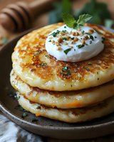 Savory potato pancakes stacked with sour cream, fresh herbs and chopped nuts on rustic ceramic plate, close up view showing golden crispy texture.