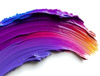 Vibrant curved smear of colorful cosmetic product showing texture gradient from purple to orange on white background, makeup artistry and beauty concept.