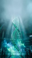 Glowing green DNA double helix structure in futuristic laboratory with dramatic lighting and smoke effects for biotechnology and genetic research concepts.