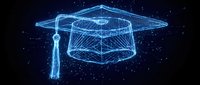 Glowing neon wireframe graduation cap with tassel on dark starry background, symbolizing education, learning, and academic achievement for online courses.