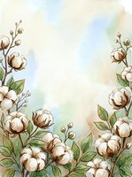 Watercolor cotton flowers frame with soft pastel background for wedding invitations, greeting cards and botanical design projects.