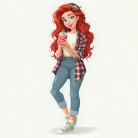Young woman with long red curly hair wearing plaid shirt and jeans, holding coffee cup on light background. Casual modern style.