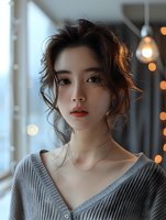 Young Asian woman with updo hairstyle and red lips wearing gray sweater against blurred bokeh lights background, creating atmospheric portrait mood.