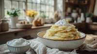 Stack of homemade fluffy pancakes topped with butter, whipped cream and maple syrup in ceramic bowl on rustic wooden table with cozy morning light.