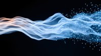 Ethereal blue and orange smoke trails intertwining with glowing particles and light effects on black background, creating dynamic flowing abstract art composition.