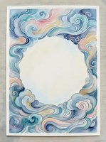 Watercolor frame with swirling clouds and waves in soft pastel blue, pink, and gold tones, forming a circular copy space for text or design.