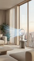 Modern bladeless fan in a bright minimalist living room with city skyline view, emitting cool air flow with glowing particles effect.