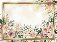 Floral frame with pink roses, peonies, and greenery on cream background with gold border, isolated for invitations and design projects.