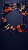 Elegant Halloween party frame with golden masks, orange roses, black candles and decorative elements on dark blue background for festive design projects.