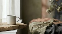 Rustic ceramic mug on wooden surface with natural linen fabric and dried plants, creating a calm, minimalist aesthetic for home decor and lifestyle content.