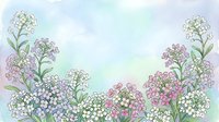 Watercolor floral border with delicate pink, purple, and white wildflowers on a soft pastel green and blue background. Spring nature art.