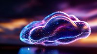 Glowing neon cloud with sparkles and light trails against dark background, digital art concept for cloud computing and data storage technology.