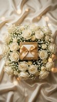 Elegant white roses and baby's breath surrounding golden gift box on silk fabric with warm lights for luxury wedding or anniversary celebration.