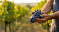 Farmer holding fresh dark grapes in vineyard field during harvest season. Agricultural worker displaying ripe fruit for wine production.