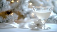 Elegant white cocktail in crystal glass with poinsettia flower decoration against blurred Christmas lights and snowy branches background. Perfect for holiday menu.