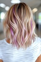 Blonde wavy shoulder-length hair with pink highlights styled in modern balayage technique, view from behind of young woman wearing white t-shirt in salon setting.