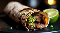 Grilled steak burrito with guacamole, fresh vegetables and lime on dark background. Close up view of Mexican wrapped tortilla filled with meat.
