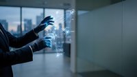 Business professional using futuristic holographic interface technology in modern office environment with digital network connections and data visualization.