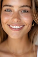 Close up portrait of young woman with freckles, bright smile, green eyes and natural makeup showing genuine happiness and confidence. Ideal for beauty and dental ads.