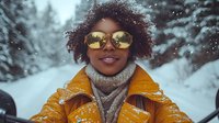 Young woman with dark curly hair and medium skin tone wearing yellow-tinted sunglasses, mustard winter coat, and gray knit scarf in snowy forest setting.