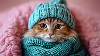 Adorable orange tabby cat wearing turquoise knit hat and scarf on pink fluffy blanket, cozy winter pet portrait for greeting cards and seasonal designs.