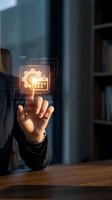 Businessman in dark suit touching glowing digital icon with gear and calculator symbols, representing business automation, software development, and technology solutions for corporate applications.