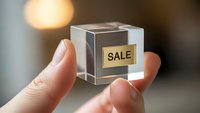 Hand holding transparent glass cube with golden sale label for retail marketing and promotional campaigns in modern business environment.
