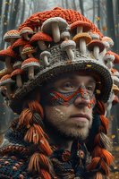 Young man wearing fantasy mushroom headdress with orange and gray knitted details, face paint, and braided wool hair against misty forest background with falling leaves.