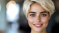 Young woman with short blonde hair, freckles and bright blue eyes smiling warmly at camera in natural light, close-up portrait showing genuine happiness and confidence.