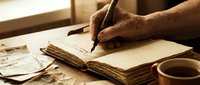 Male hand writing in open journal with pen, surrounded by vintage photographs and coffee cup on wooden desk.