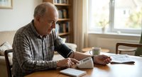 Senior Caucasian man measuring blood pressure at home using digital monitor while sitting at wooden table with medical documents and coffee cup.