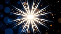 Bright starburst explosion with radiant light rays emanating from center against dark cosmic background with glowing particles and bokeh effects.