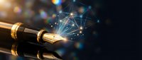 Digital transformation concept with luxury fountain pen creating glowing network connections and data points for business innovation and technology solutions.
