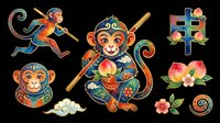 Colorful monkey character with ornamental staff, decorative monkey heads, floral elements, and Asian-inspired design assets isolated on transparent background for t-shirt design, clipart, stickers, and print-on-demand projects.