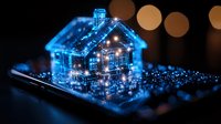 Glowing blue house miniature with magical sparkles and bokeh lights on dark background creates dreamy atmosphere for real estate and holiday concepts.