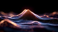 Glowing mountain peak with luminous particles floating in dark space, abstract digital landscape with neon orange and blue light trails creating magical atmosphere.