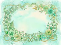 Ornate floral frame with roses, ferns, and decorative scrollwork in soft green and gold tones on watercolor background. Isolated design element suitable for invitations, cards, and digital projects.