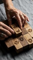 Senior hands arranging wooden blocks with engraved symbols on rustic surface, showcasing traditional craftsmanship and artisan woodworking skills.
